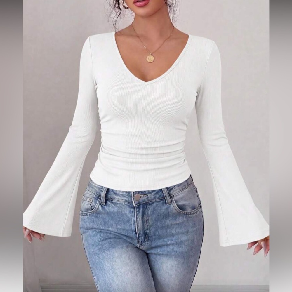 Women's White V-Neck Bell Sleeve Top
